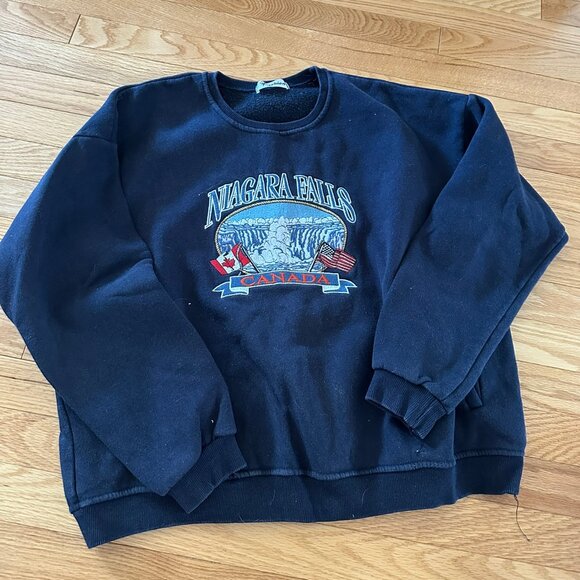 YesStyle Embroidered Loose-Fit Sweatshirt with Pocket - Navy Blue - One Size - Picture 1 of 2